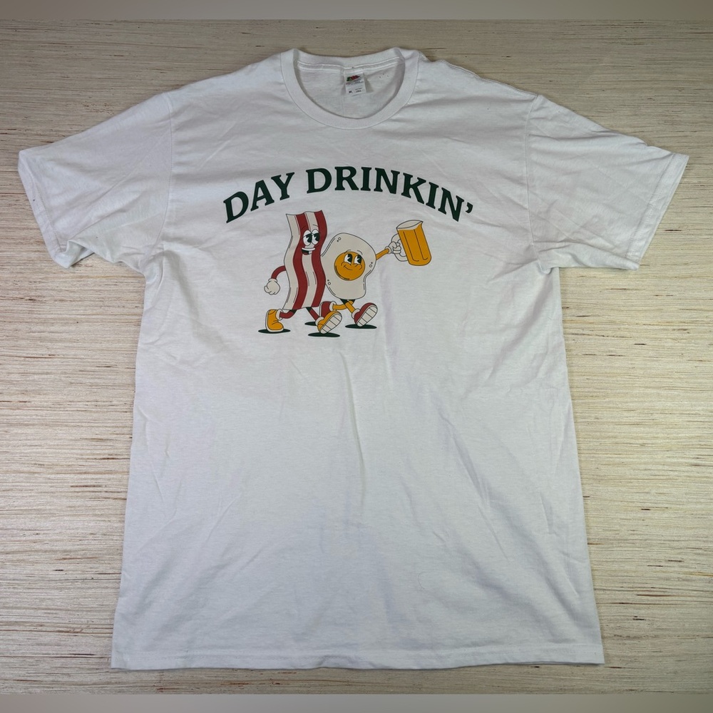 Edmonton Elks “Day Drinkin’” Tee – CFL Fan Shirt, Bacon & Egg Graphic, White M